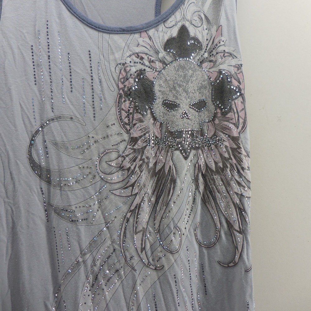 Harley Davidson Womens Gray Rhinestone Skull Racerback Tank Top Biker Sleeveless - Picture 2 of 3